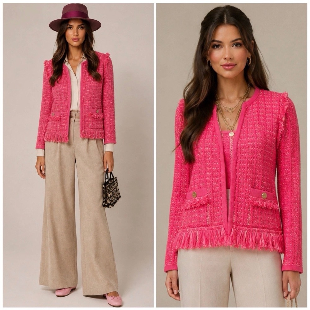 Lilly Pulitzer Simora Cardigan Women M Pink Tweed Fringe Trim Open Front Jacket